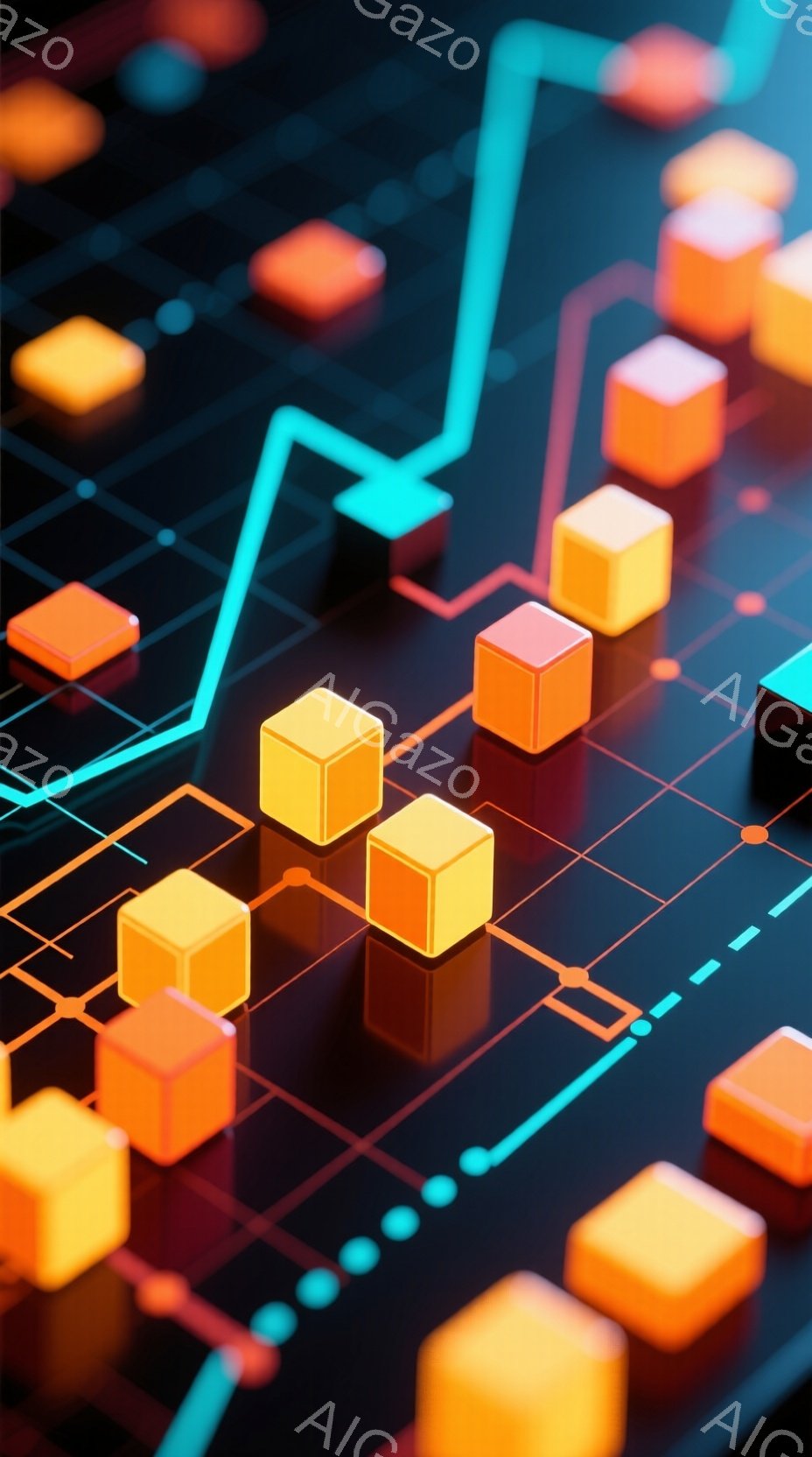 この画像は、暗い背景に配置されたオレンジ色の立方体が規則的に並んだ様子を捉えています。鮮やかなターコイズブルーの線が立方体を結び、データの流れやネットワークの視覚化を連想させます。全体として、現代的で - AI生成フリー素材