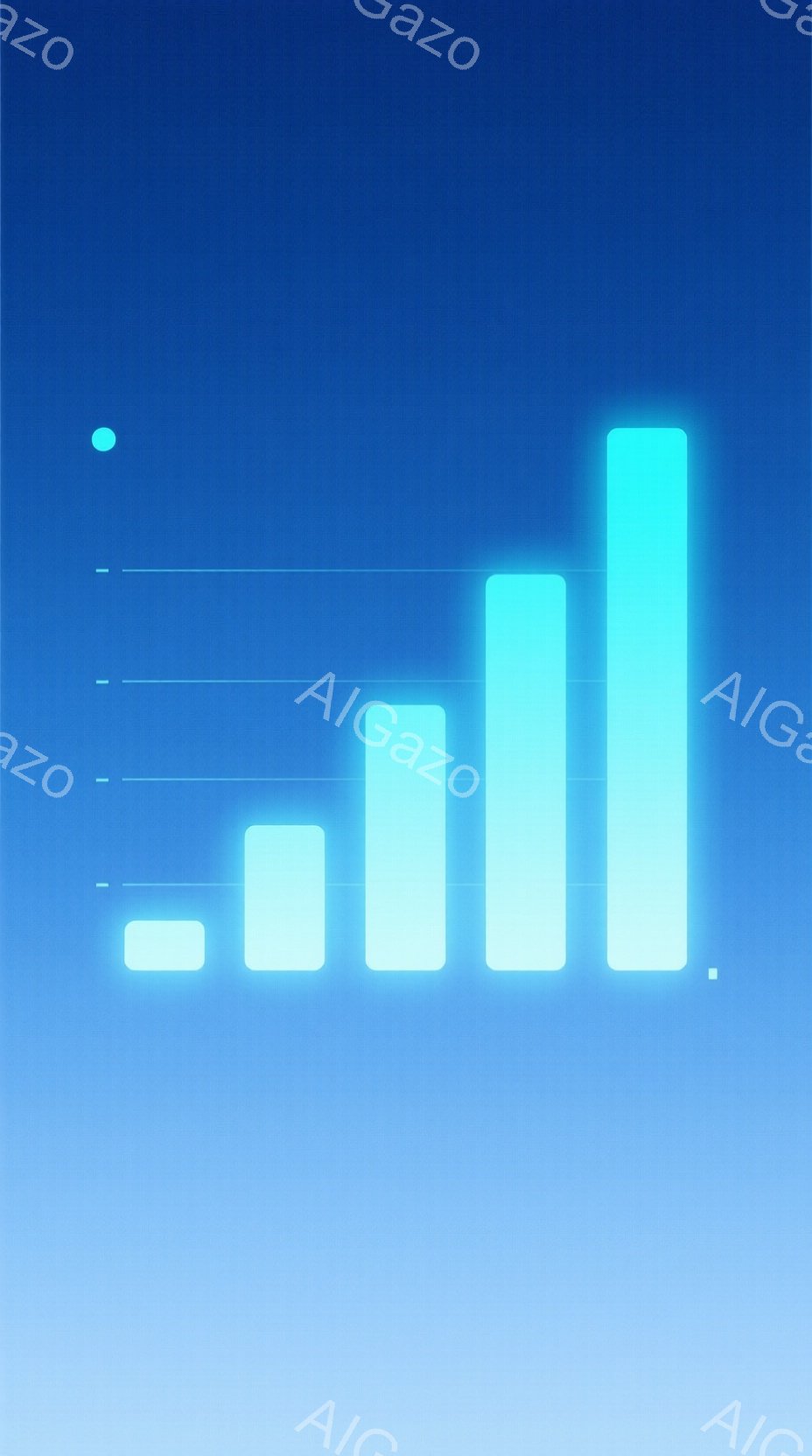 この画像は、明るい青色のグラデーション背景に、異なる高さの四つの光る長方形が並んでいます。長方形は左から順に高さが上がり、まるでグラフの棒グラフのように見えます。全体的に未来的な印象を与え、シンプルでありながらダイナミックな雰囲気を醸し出しています。