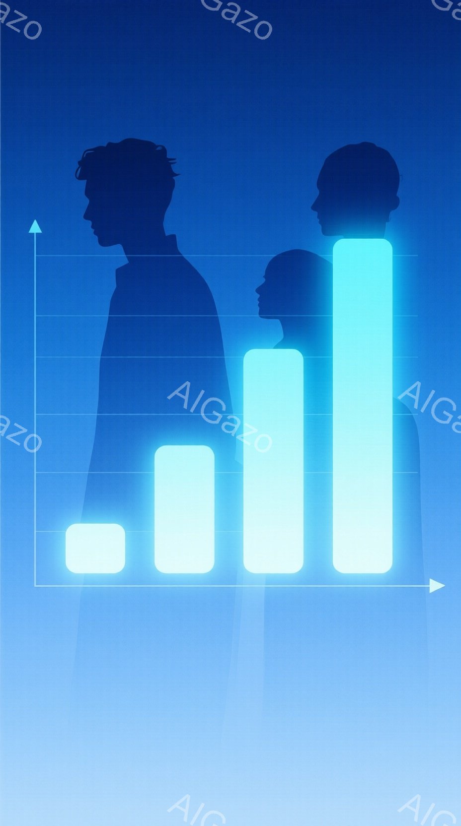 この画像は、青を基調としたグラデーションの背景に、棒グラフのような光の柱が並び、その影に人のシルエットが重ねられています。人物は横向きで、短髪でスーツのような服装をしており、少し前かがみの姿勢で何かを見ているようです。全体的に、成長や進歩、または未来への展望を暗示するような、希望に満ちた雰囲気です。