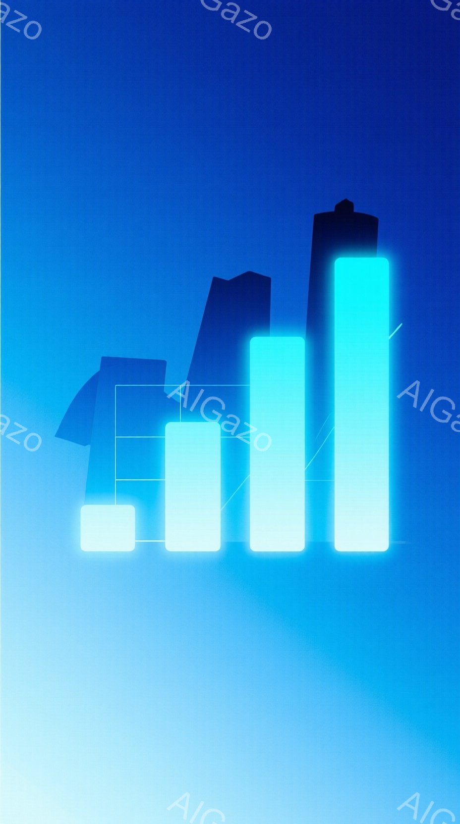 明るい水色の背景に、白い光を放つ四つの棒グラフが並んでいます。グラフは左から順に高さが増しており、未来的な印象を与えます。全体的にクールで、データや成長を象徴するような雰囲気です。