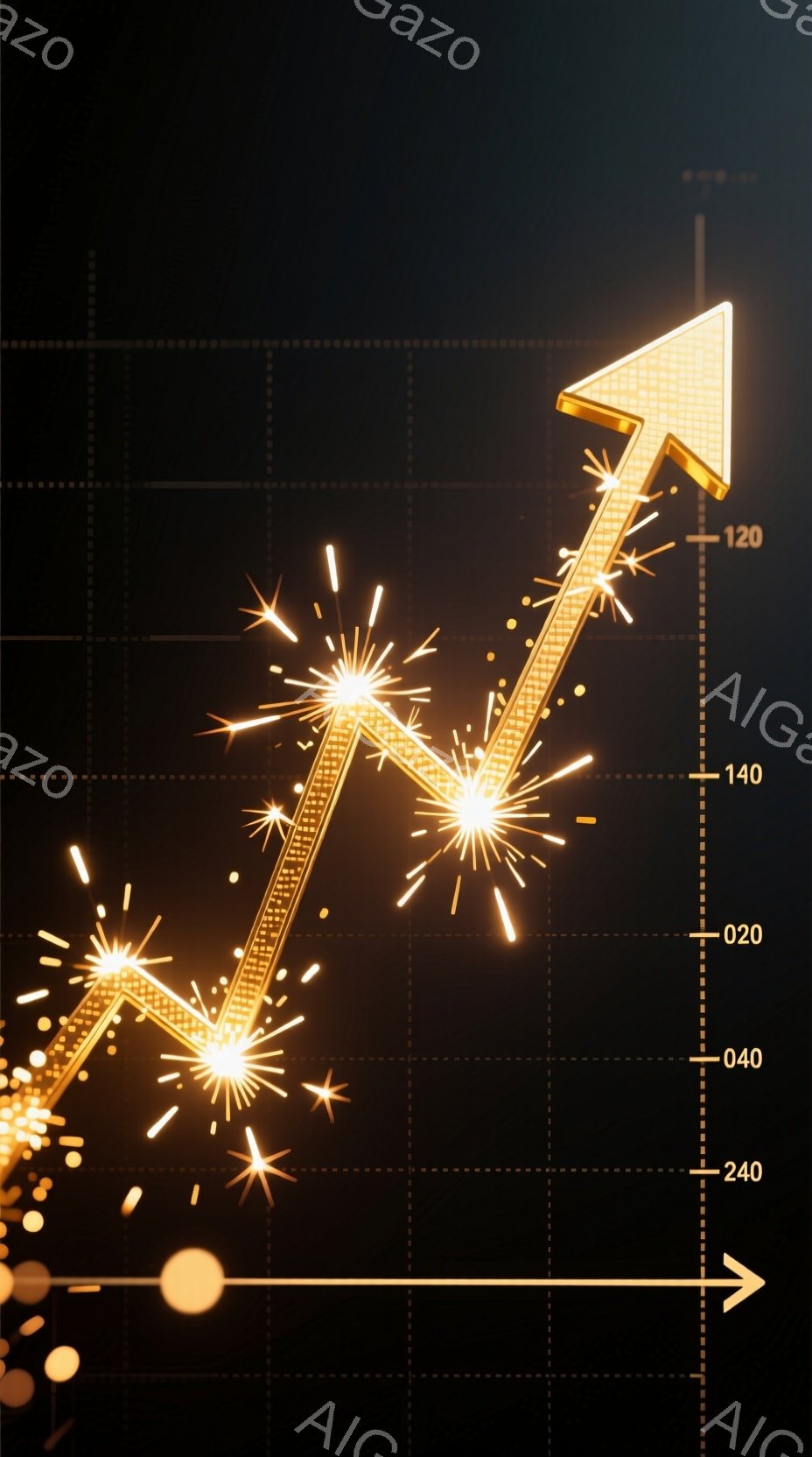 画面には、金色の光の線で描かれた上昇する矢印が大きく描かれており、その周囲にはきらめく光の粒子や花火のようなエフェクトが散りばめられています。背景は暗く、グラフのようなグリッド線がわずかに見え、矢印の強烈な輝きを際立たせています。全体的に、成功、成長、または進歩を象徴するような、力強く、希望に満ちた雰囲気です。