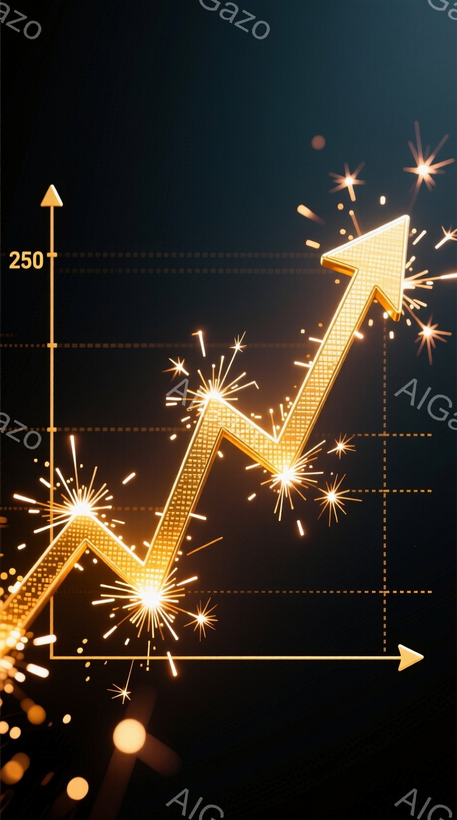 鮮やかな金色の線が急上昇し、まるで打ち上げ花火のような光の粒子が周囲に散らばっている。線はジグザグと上向きに伸びており、成功や成長を象徴しているように見える。背景は暗く、光が際立つようにデザインされて - AI生成フリー素材