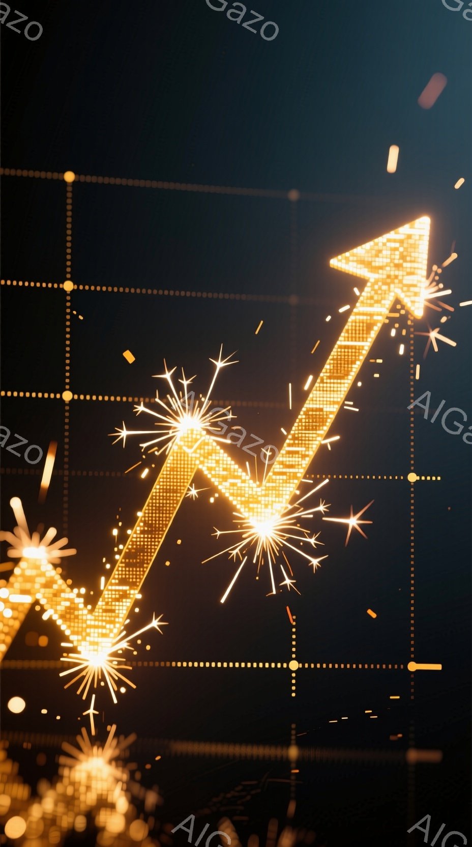 鮮やかな黄金色の矢印が、暗い背景の中に力強く伸びています。矢印の周囲には、きらめく光の粒子や花火のような輝きが散りばめられ、上昇と成功を象徴するようなダイナミックな雰囲気を醸し出しています。背景はぼやけていますが、都市の光が微かに感じられ、エネルギーと活気に満ちた印象を与えます。