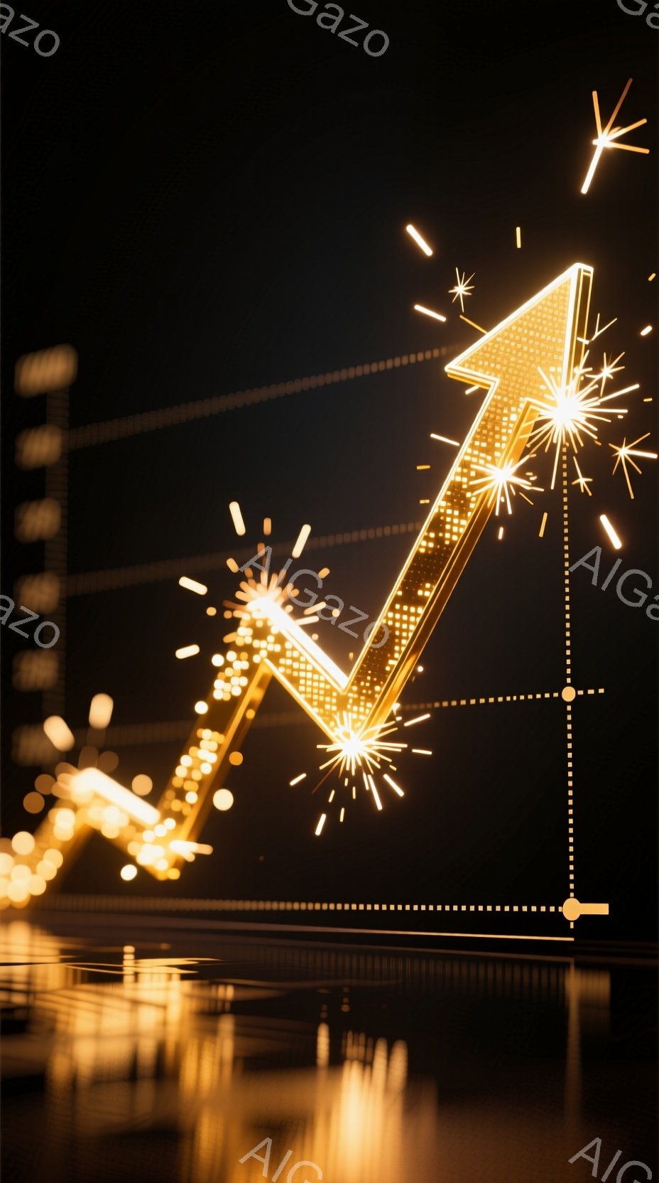 夜空に輝く巨大な光の矢印が印象的な画像です。矢印は点灯された光の列で構成され、周囲に花火のような光が飛び散り、まるで夜空を切り裂くように鮮やかに光っています。下には水面が映り込み、光の反射がぼんやりと見え、幻想的な雰囲気を醸し出しています。