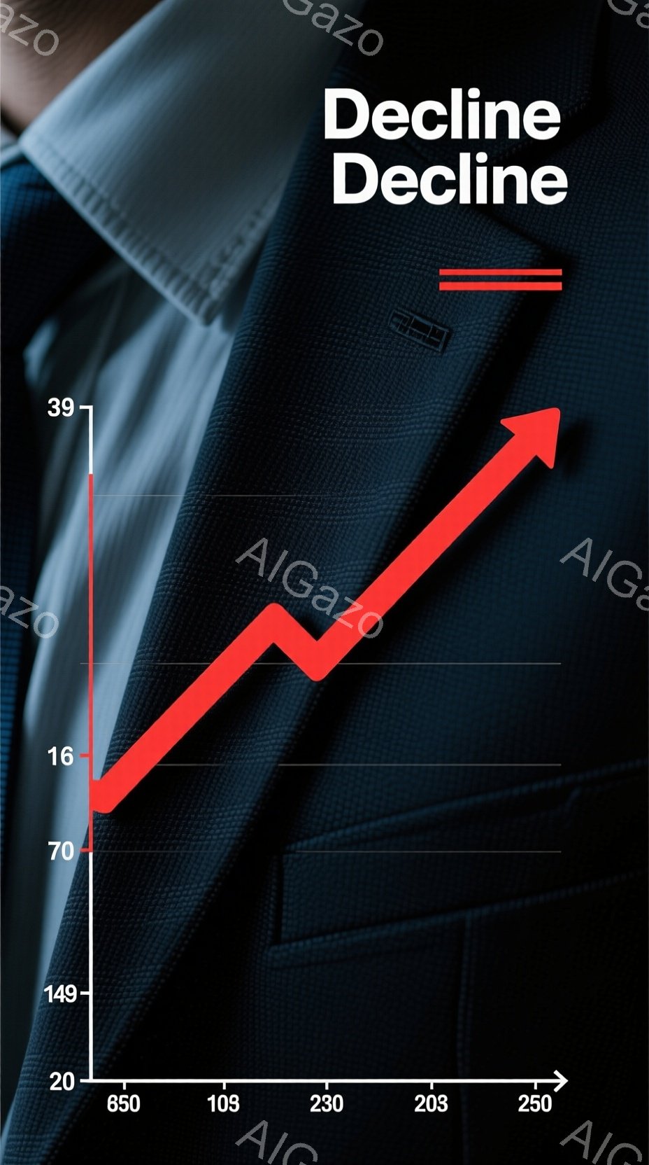 画像は、紺色のスーツを着た人物の胸元に、赤い上昇線が重ねられたものです。線は左下の数値「20」から始まり、右上の数値「250」に向かって急激に上昇しています。背景は暗く、グラフの線とスーツの質感のみが強調され、ビジネスにおける成長や成功のイメージを想起させます。