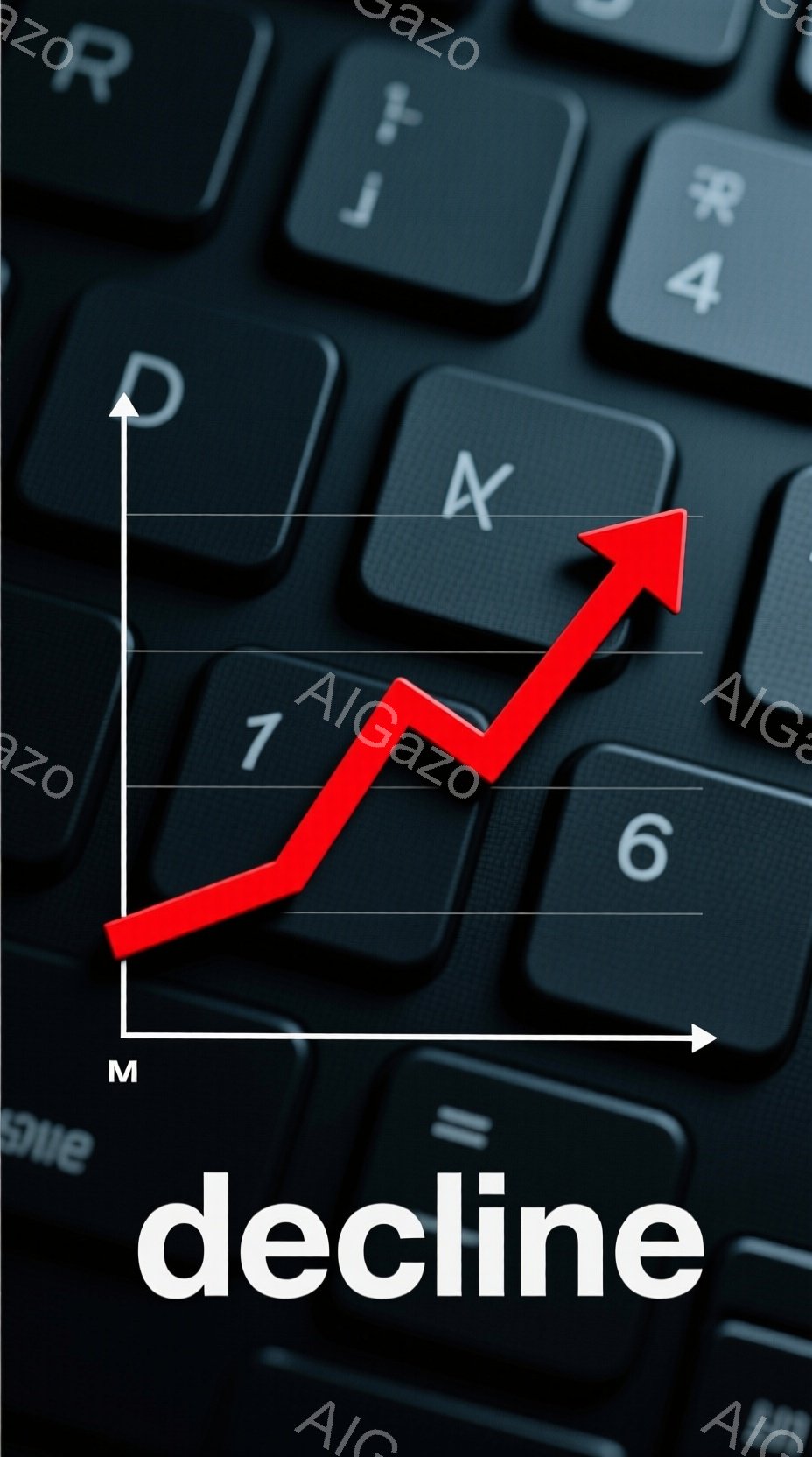 画像はキーボードの上に描かれた赤い線グラフを示しており、最初は上昇し、その後急降下しています。キーボードは黒色で、様々なキーが確認できます。全体的に、下降傾向を示すグラフと技術的な背景が組み合わさった、やや陰鬱な雰囲気の画像です。