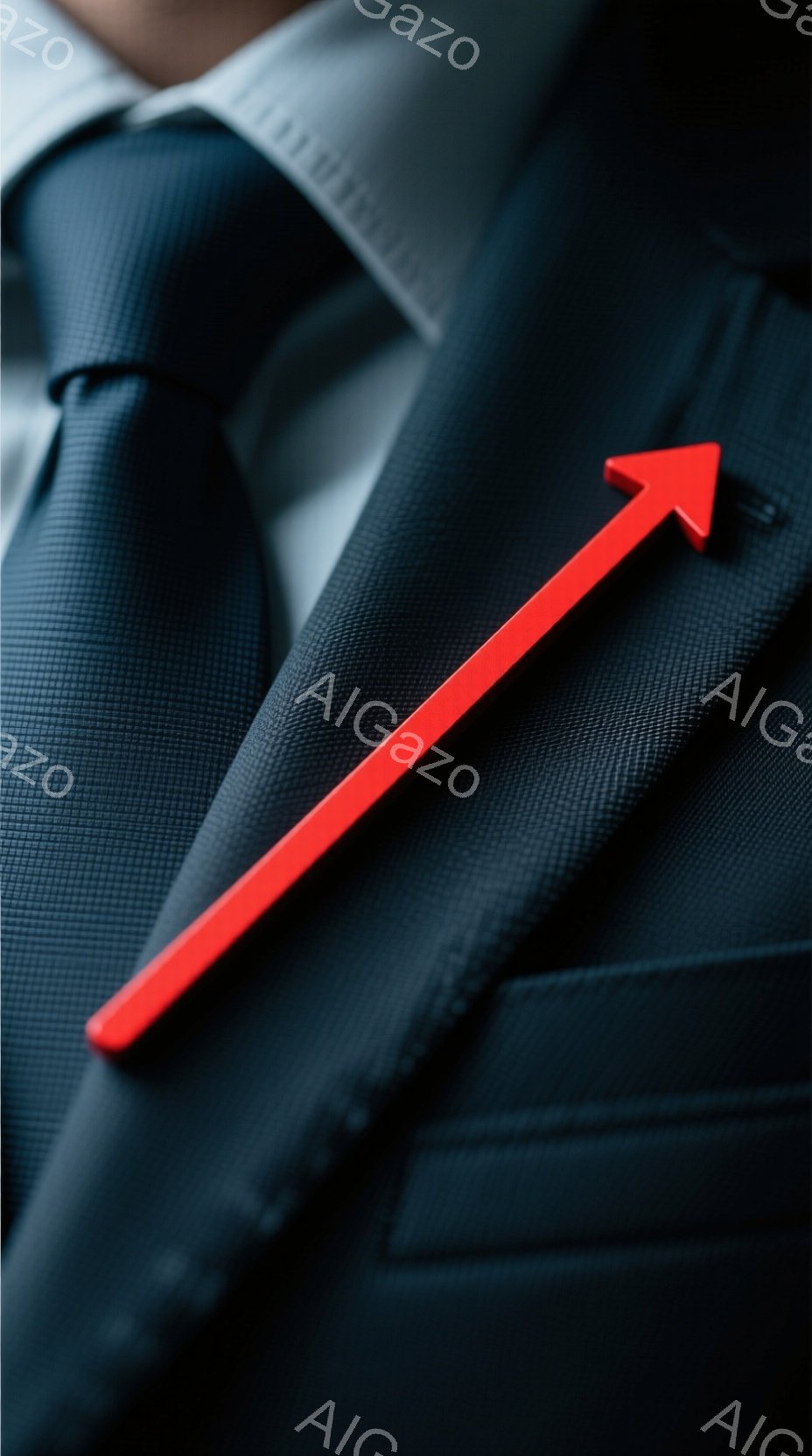 濃い青色の細かいストライプのスーツを着た人物が写っており、ネクタイも同系色で統一感がある。赤い矢印が胸元に刺さっており、ビジネスシーンにユーモラスなアクセントを加えている。全体的にフォーマルでありながら、どこか遊び心のある雰囲気が漂っている。
