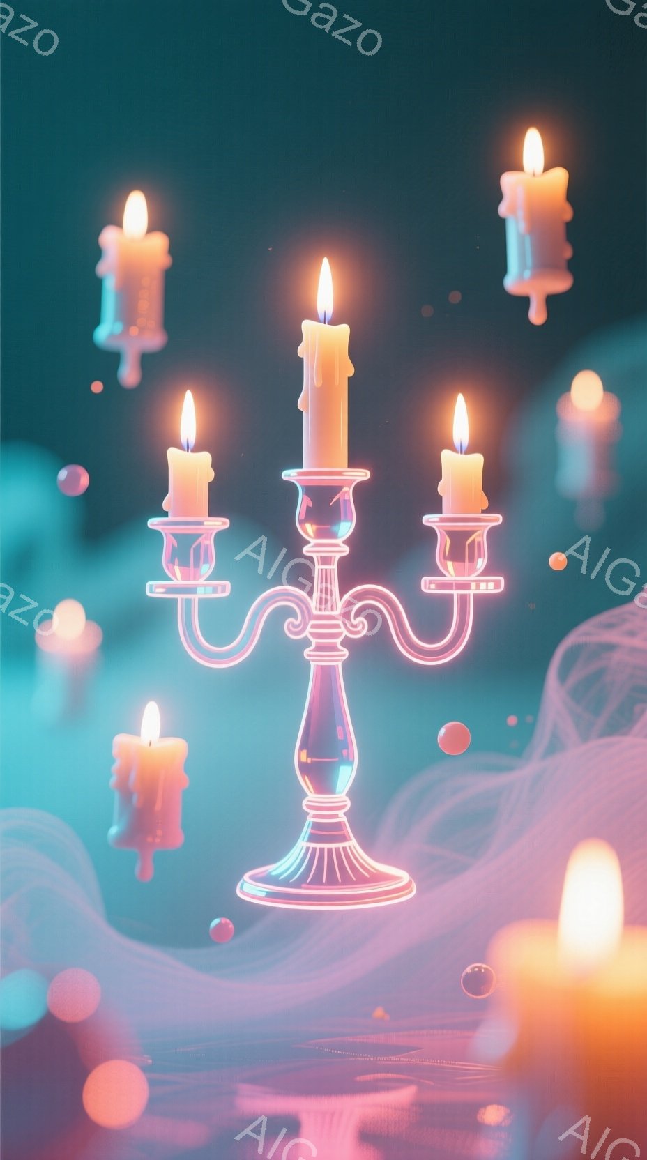 鮮やかな水色とピンクの背景に、ネオンのような光を放つ燭台が中央に配置されている。燭台には数本のロウソクが灯っており、溶け出したロウが垂れ下がっている様子が描かれている。全体的に幻想的で、神秘的な雰囲気 - AI生成フリー素材