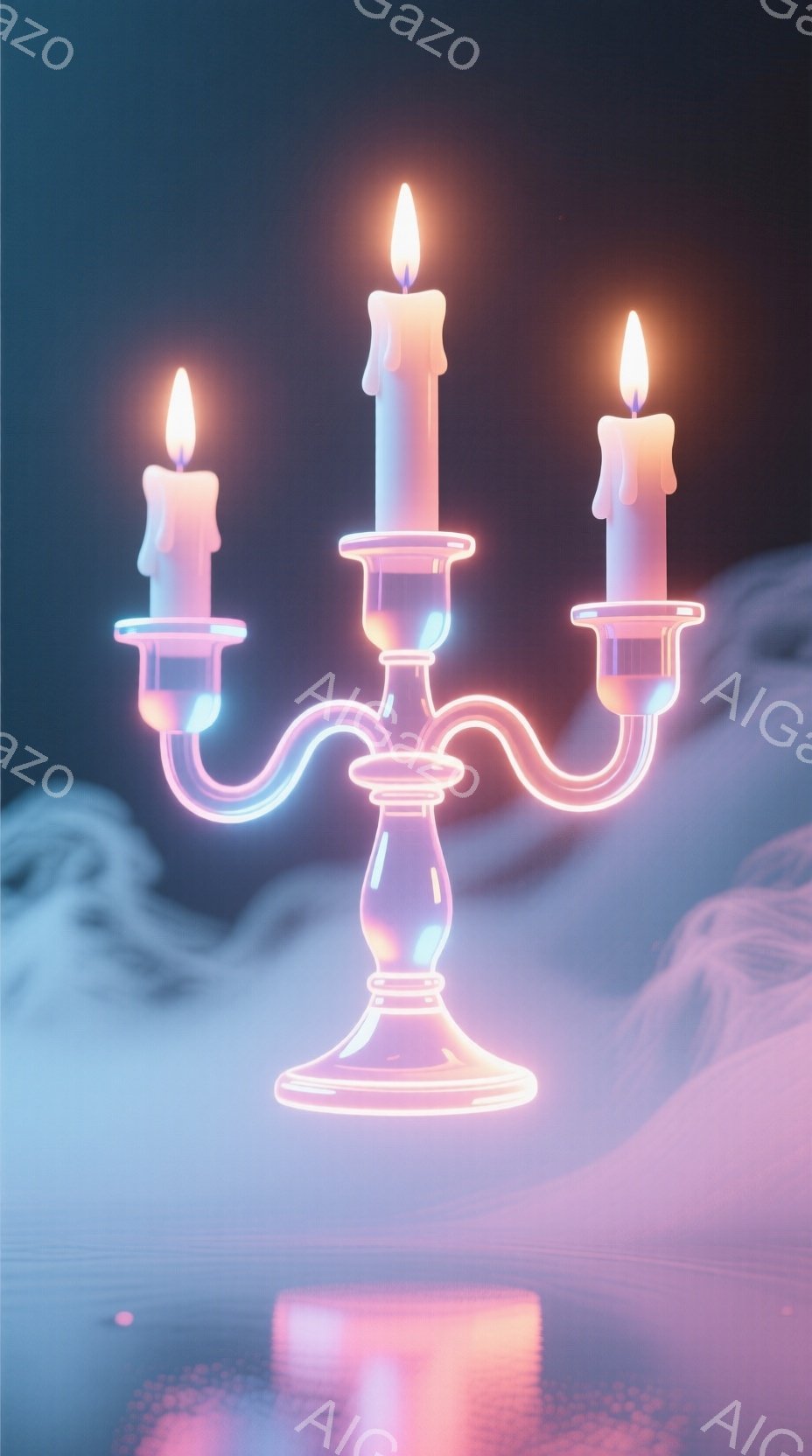 鮮やかなネオンライトで描かれた燭台が、暗い背景に浮かび上がっている。ろうそくの炎は明るく輝き、まるで発光しているかのように見える。背景にはぼんやりとした雲のようなものが広がり、神秘的で幻想的な雰囲気を - AI生成フリー素材