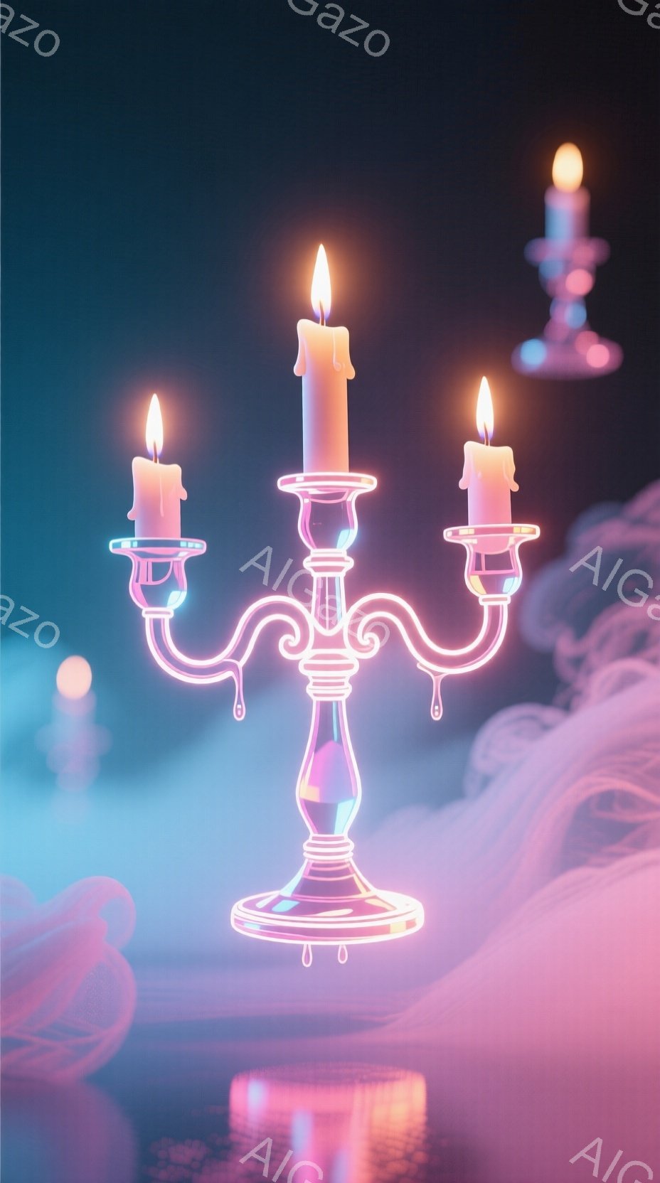 この画像は、明るいネオンピンクと紫色の光を放つ、溶け落ちるワックスが滴るシャンデリアを描写しています。背景は霧のような青紫色で、ぼやけた光の輪が散りばめられ、幻想的な雰囲気を醸し出しています。全体的に、未来的なテクノロジーと古典的な美学が融合した、サイバーパンク風の作品です。