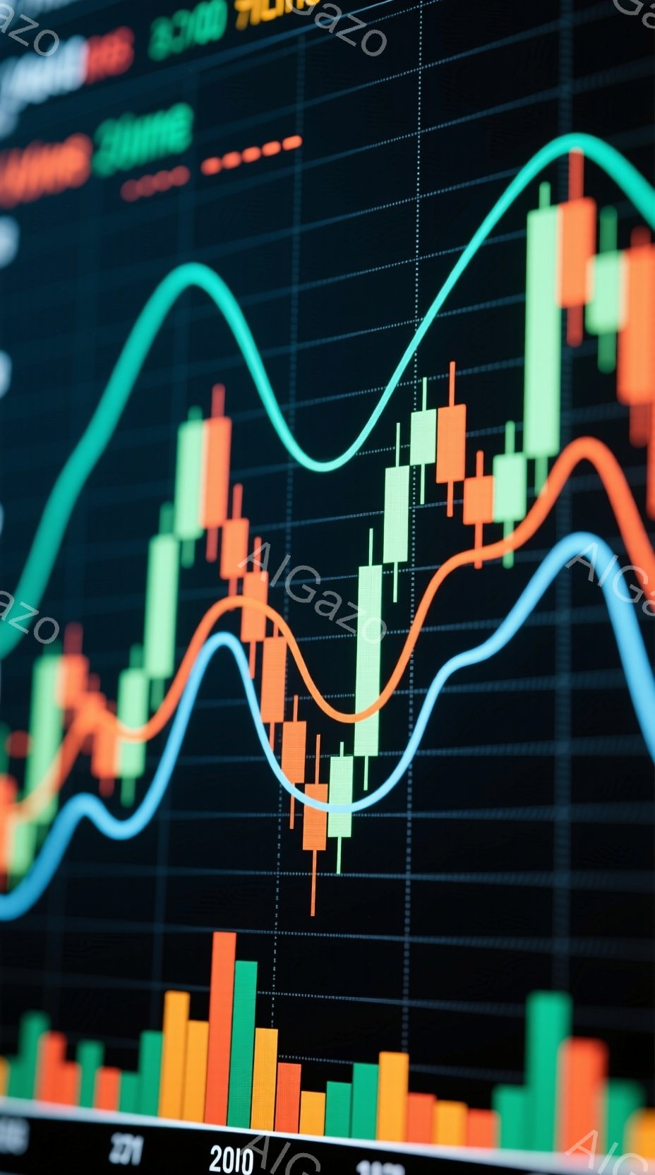 この画像は、金融市場のチャートを表示したものです。緑、オレンジ、白の柱状グラフと、オレンジと青の線グラフが複雑に絡み合い、2010年付近が強調されています。全体的に暗い背景にカラフルなグラフが浮かび上がり、活気のある金融市場の様子を表現しています。