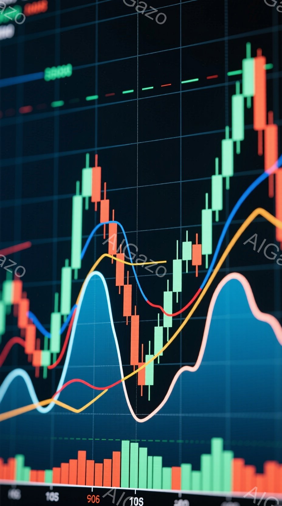 この画像は、金融市場のチャートを表示したものです。緑と赤の棒グラフ（キャンドルスティックチャート）が並び、オレンジ、青、赤の折れ線グラフが重ねられています。全体的に、株価や為替レートなどの変動を表すデータビジュアライゼーションであり、金融分析や投資判断の際に用いられる視覚的な表現です。