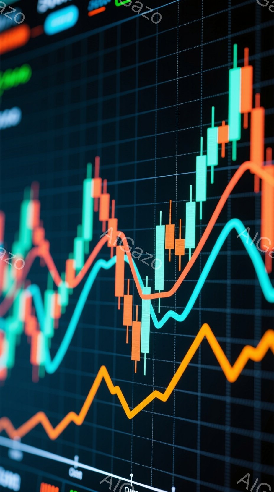 この画像は、暗い背景に重ねられた、複数の色の線グラフとローソク足チャートで構成されています。オレンジ、青、緑の線は複雑なパターンを描き、金融市場の変動を示唆しています。全体として、データ分析や投資に関 - AI生成フリー素材