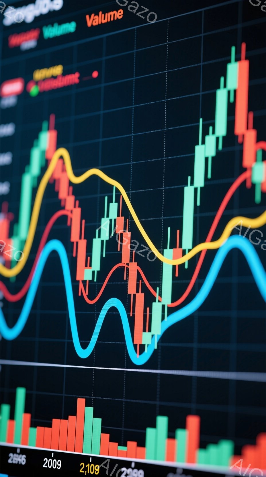この画像は、金融市場のチャートを表示したものです。赤、緑、青、オレンジの線と、それに対応するキャンドルスティックチャートが、暗い背景に鮮やかに浮かび上がっています。画面下部には、2009年から2646までの年号が記されており、時間経過を表していると思われます。