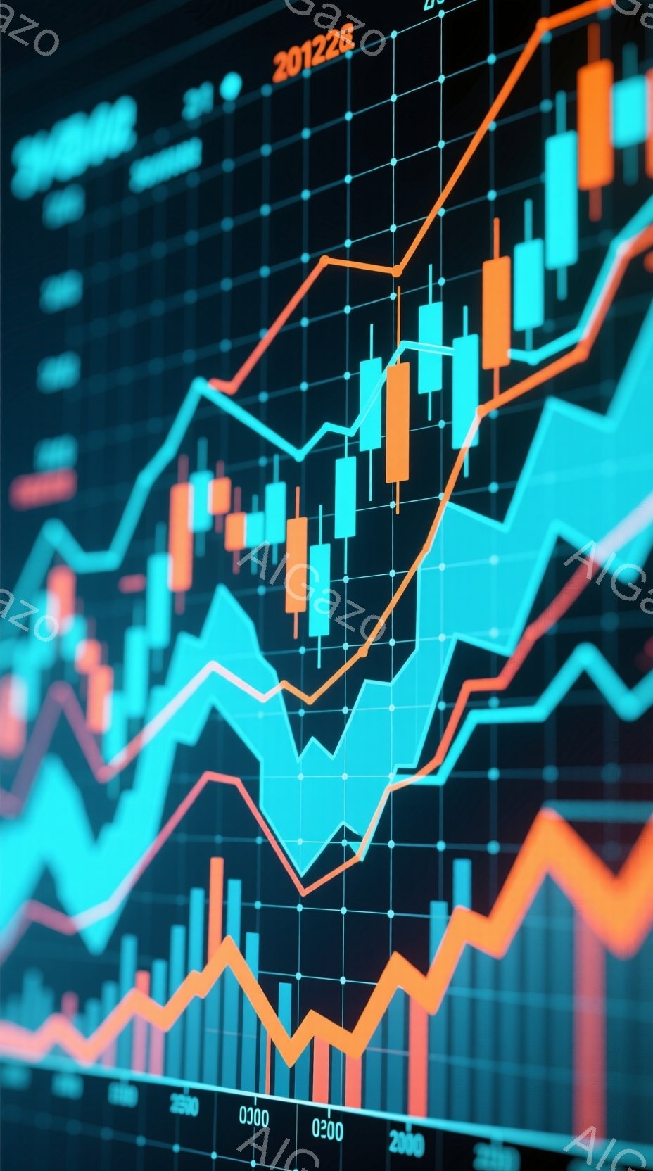 この画像は、ターコイズブルーとオレンジ色の線と棒グラフが重なり合った金融チャートです。背景は暗く、グリッド状のパターンが施されており、データ分析や市場トレンドを視覚的に表現しています。全体的に、技術的 - AI生成フリー素材