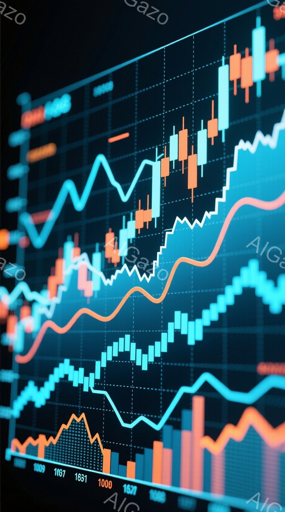 この画像は、金融市場のチャートが複雑に絡み合った様子を捉えています。青、オレンジ、白の線が、まるで株価や為替レートの変動を表すかのように上下に揺れ動き、投資家の心情を反映しているかのようです。背景は暗く、これらの線が際立つように設計されており、緊迫感とダイナミズムを感じさせます。