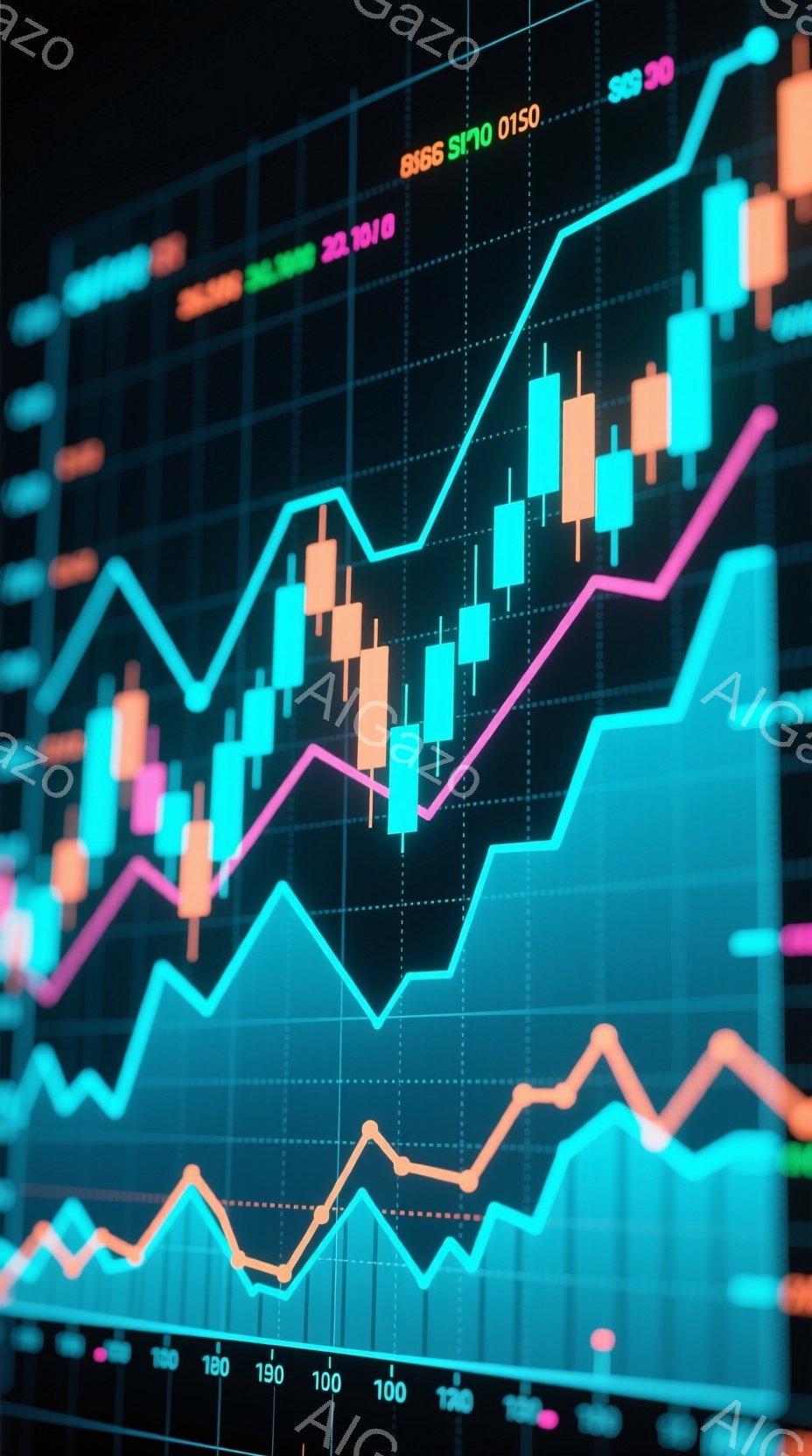 この画像は、鮮やかなターコイズブルーを背景に、複数のカラフルなチャートと線グラフが重ねられた金融市場の可視化を表しています。オレンジ、ピンク、ターコイズの棒グラフが、価格変動やトレンドを示しており、複 - AI生成フリー素材