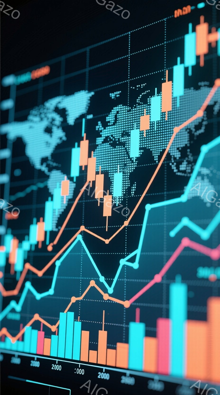 この画像は、世界地図を背景に、複雑な金融チャートが重なり合った様子を描いています。オレンジ、青、赤の柱状グラフと折れ線グラフが、市場の変動やトレンドを表しているように見え、2000年付近の数値がラベル付けされています。全体的に、金融市場のグローバルな動きと、データ分析の複雑さを強調するような、洗練された雰囲気を持っています。