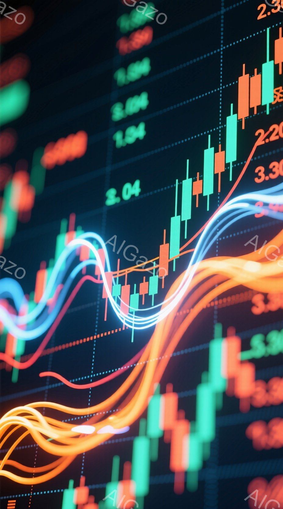 この画像は、金融市場のチャートを抽象的に表現したものです。緑と赤の柱状グラフが、価格変動を示唆し、その上にオレンジと青の流れるような線が重ねられています。全体的に暗い背景に鮮やかな色が映え、ダイナミッ - AI生成フリー素材