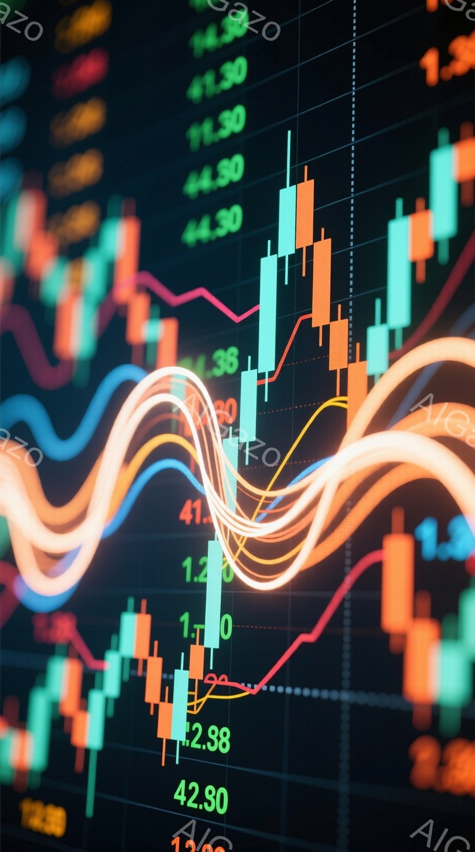 この画像は、複雑な金融チャートのクローズアップです。鮮やかな緑、赤、オレンジの柱状グラフが、背景のグリッド状の暗い背景に重なり合い、いくつかの曲線がその上を流れています。全体的に、市場の変動や経済的なトレンドを示す、ダイナミックで活気のある雰囲気です。