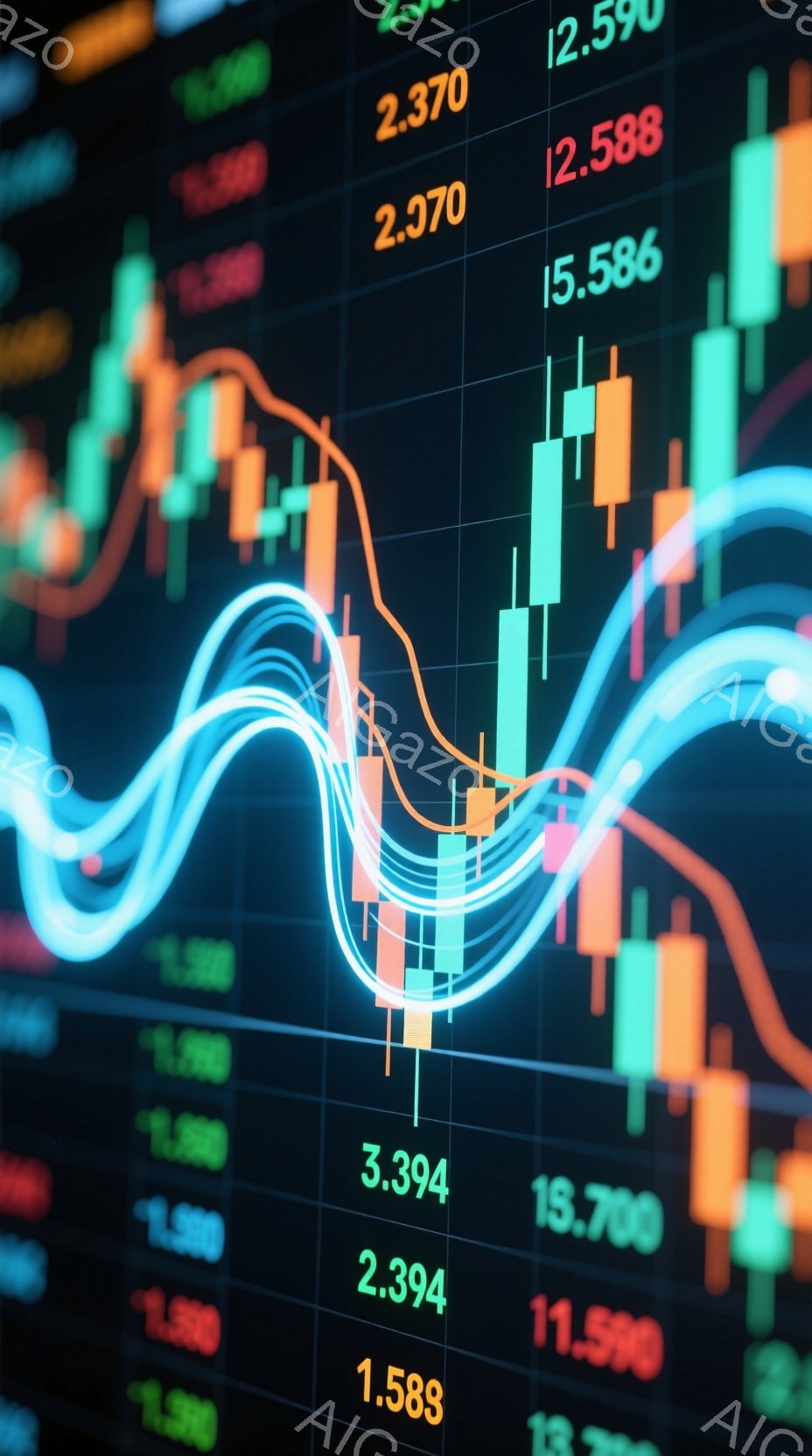 この画像は、金融市場のチャートとグラフが複雑に重なり合った様子を表しています。鮮やかな緑、オレンジ、青色の線が、上昇と下降を示す棒グラフと組み合わさり、ダイナミックな動きを強調しています。数値は1.588から15.700まで多様で、市場の変動と潜在的な投資機会を示唆しています。