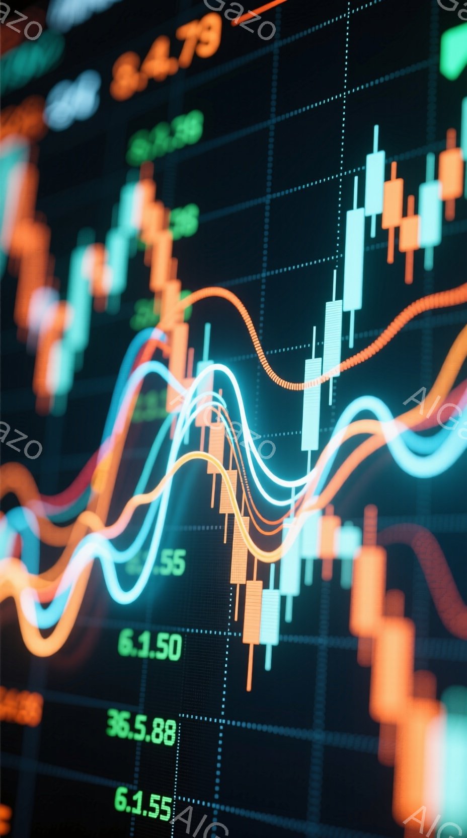 鮮やかな色の線グラフと柱状グラフが重なり合って、金融市場の動きを表現しています。緑、オレンジ、青などの色が使用され、数字のデータも表示されており、複雑でダイナミックな印象を与えます。暗い背景がこれらの - AI生成フリー素材