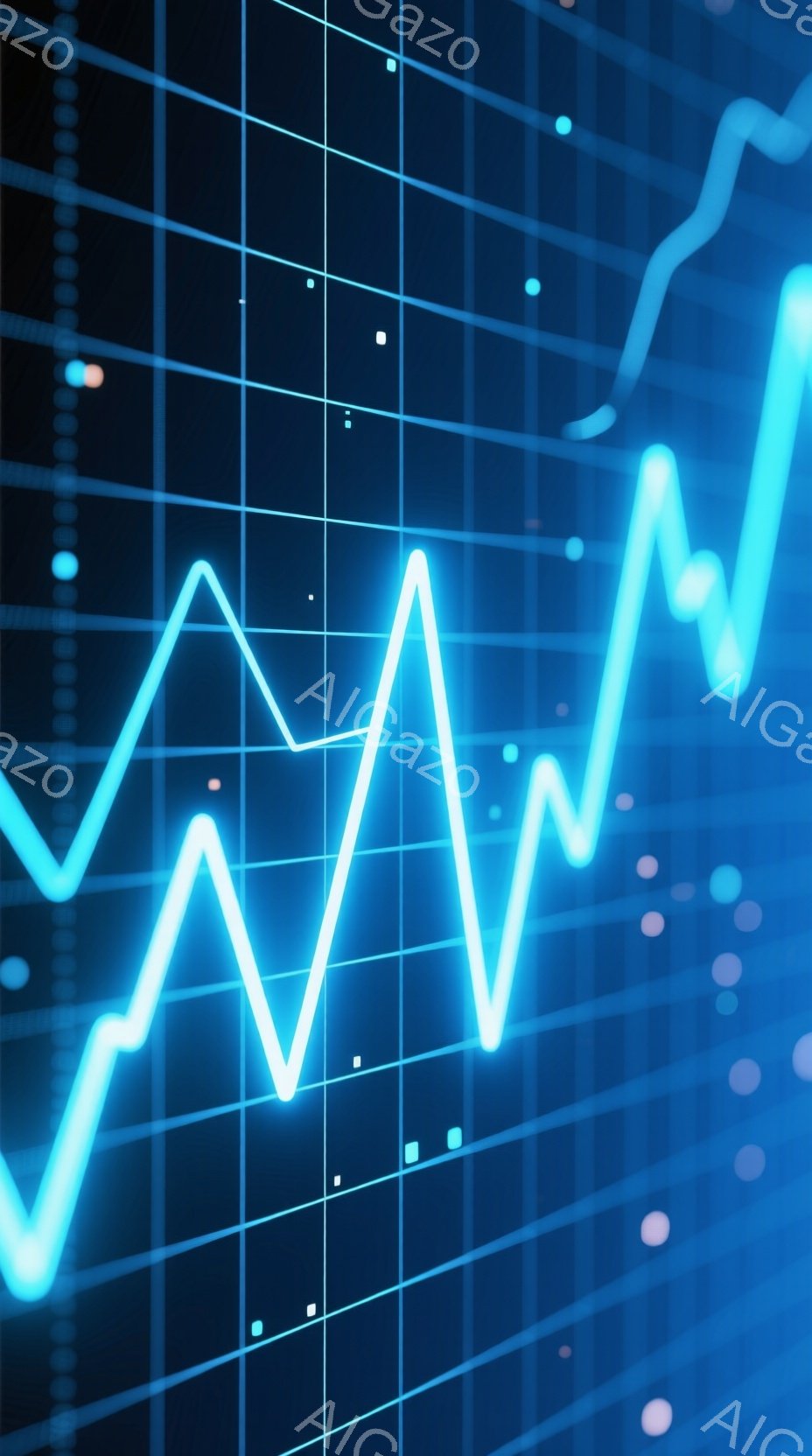 鮮やかな青色の折れ線グラフが、グリッド状の背景に描かれています。グラフは大きく上下に変動しており、ダイナミックな動きを感じさせます。背景には、小さな光の粒子が散りばめられており、未来的な雰囲気を醸し出 - AI生成フリー素材