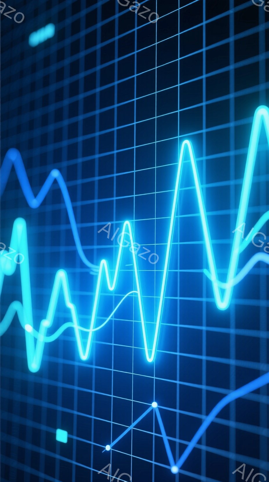 鮮やかな青色の線が格子状の背景に描かれた抽象的なイメージです。線は心電図のような波形を描き、もう一つの線は右肩上がりのグラフのように描かれています。全体的に未来的な雰囲気で、テクノロジーやデータ分析を連想させます。