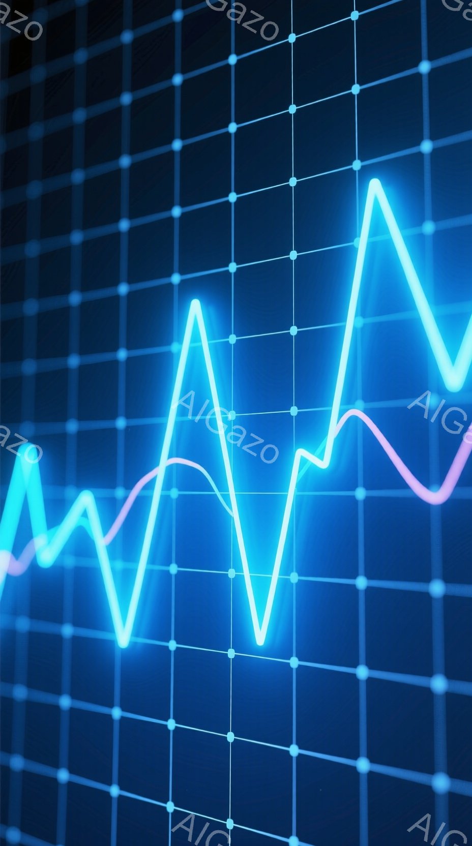 鮮やかな青とピンクの線が、暗い青色のグリッド背景上に波打つように描かれています。線はまるで心電図のような形状をしており、エネルギーや活動的な印象を与えます。全体的に、未来的なテクノロジーや医療を連想させる、ダイナミックなビジュアルです。