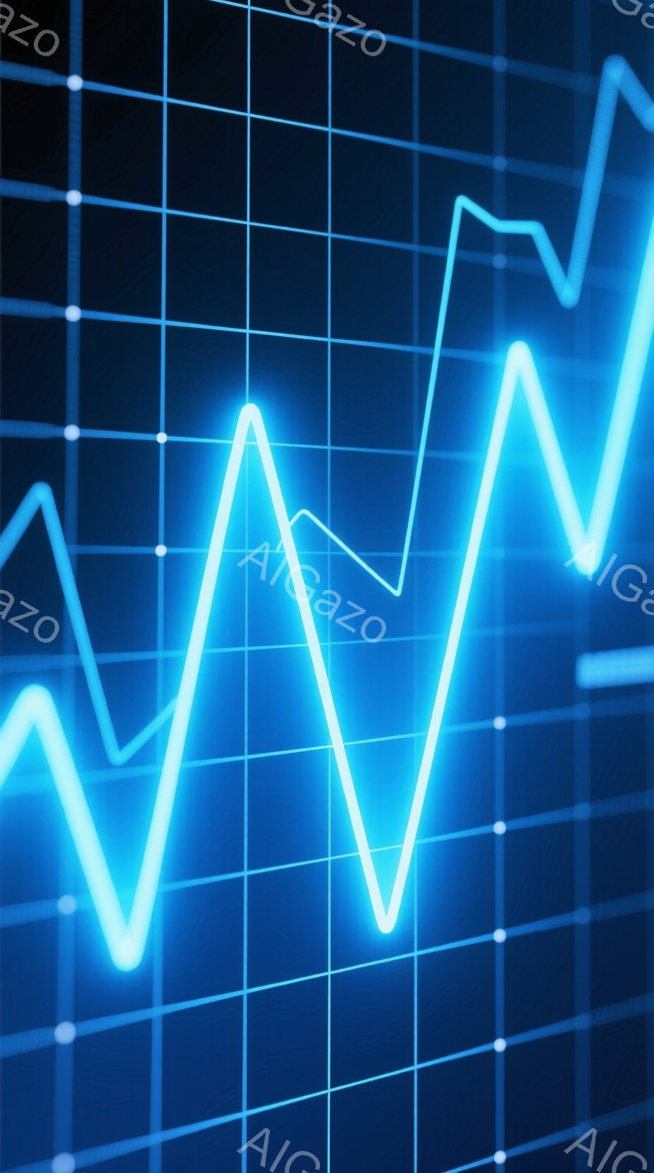 鮮やかな青色の線が格子状の暗い背景を斜めに横切っており、まるで株価チャートのような印象を与えます。線は急激に上昇したり下降したりと、ダイナミックな動きを表現しており、全体的に未来的な雰囲気です。背景の格子は、データの視覚化を強調し、テクノロジー関連のイメージを想起させます。