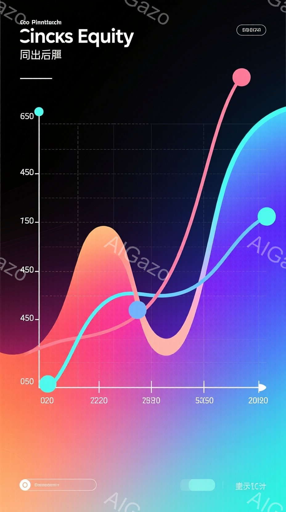 この画像は、時間の経過とともに変化する複数の線のグラフを表しています。各線は異なる色の鮮やかなグラデーションで表示され、2020年までの時間軸に沿って曲線を描いています。背景は暗く、グラフが際立っており、全体的にデータの視覚化と成長の概念を強調したデザインとなっています。