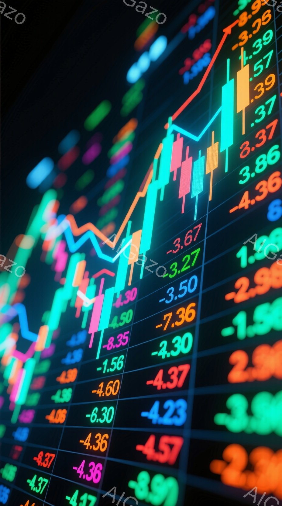 この画像は、金融市場のチャートを強調した鮮やかな色彩の抽象的な表現です。緑、ピンク、紫、そして赤の線が複雑に絡み合い、数値が並んだ背景に重ねられています。全体的に、市場の変動とダイナミズムを視覚的に表現した、活気に満ちた雰囲気です。