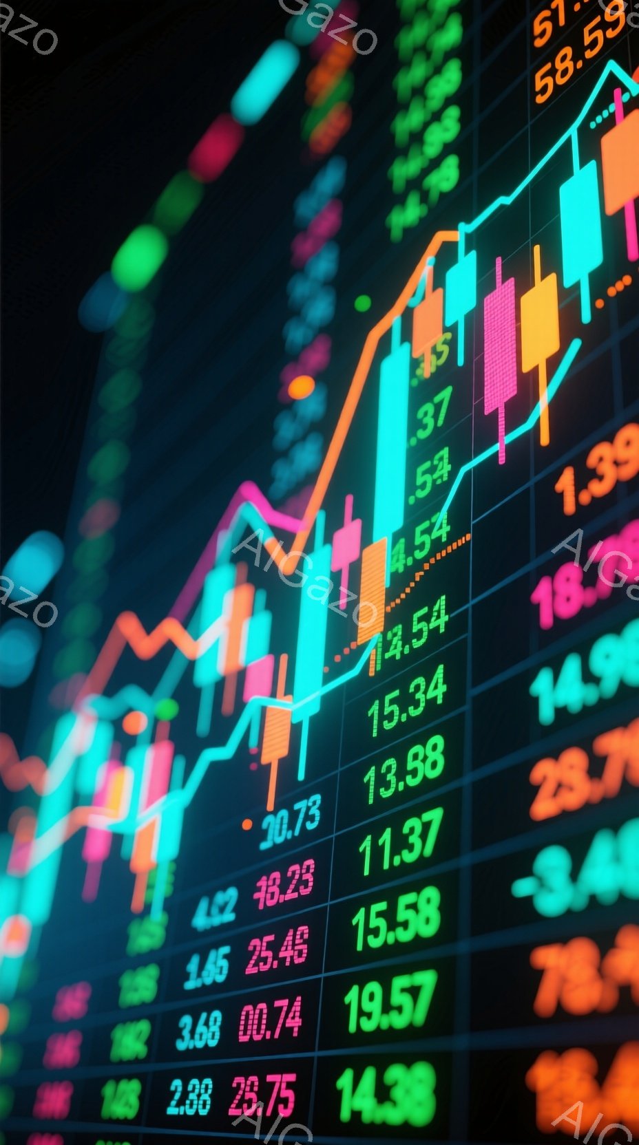 この画像は、金融市場のチャートと数字がカラフルに表示された画面のクローズアップです。緑と赤の棒グラフが上昇と下降を示し、背景には様々な数値が並んでいます。全体的に活気があり、市場の変動を視覚的に表現したダイナミックな雰囲気です。