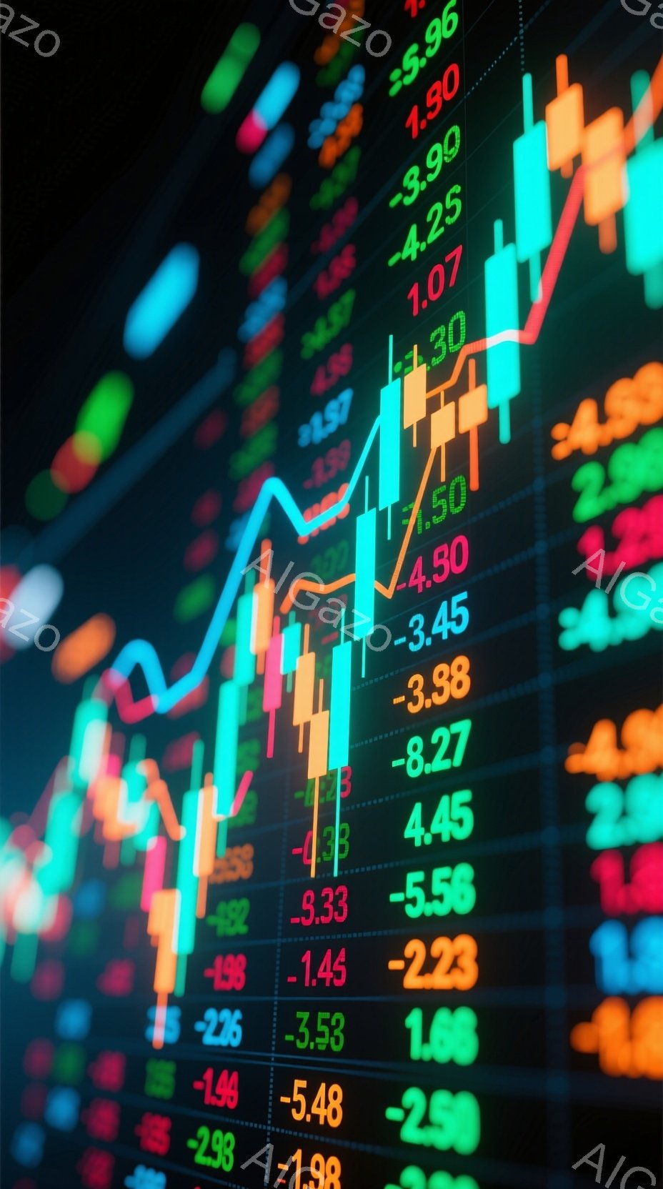 この画像は、カラフルな棒グラフが乱雑に並んだ様子を捉えたものです。グラフは主に赤と緑で構成され、数値が隣り合って表示されています。背景は暗く、グラフの鮮やかな色が際立っており、金融市場の変動やデータ可視化を連想させる雰囲気です。