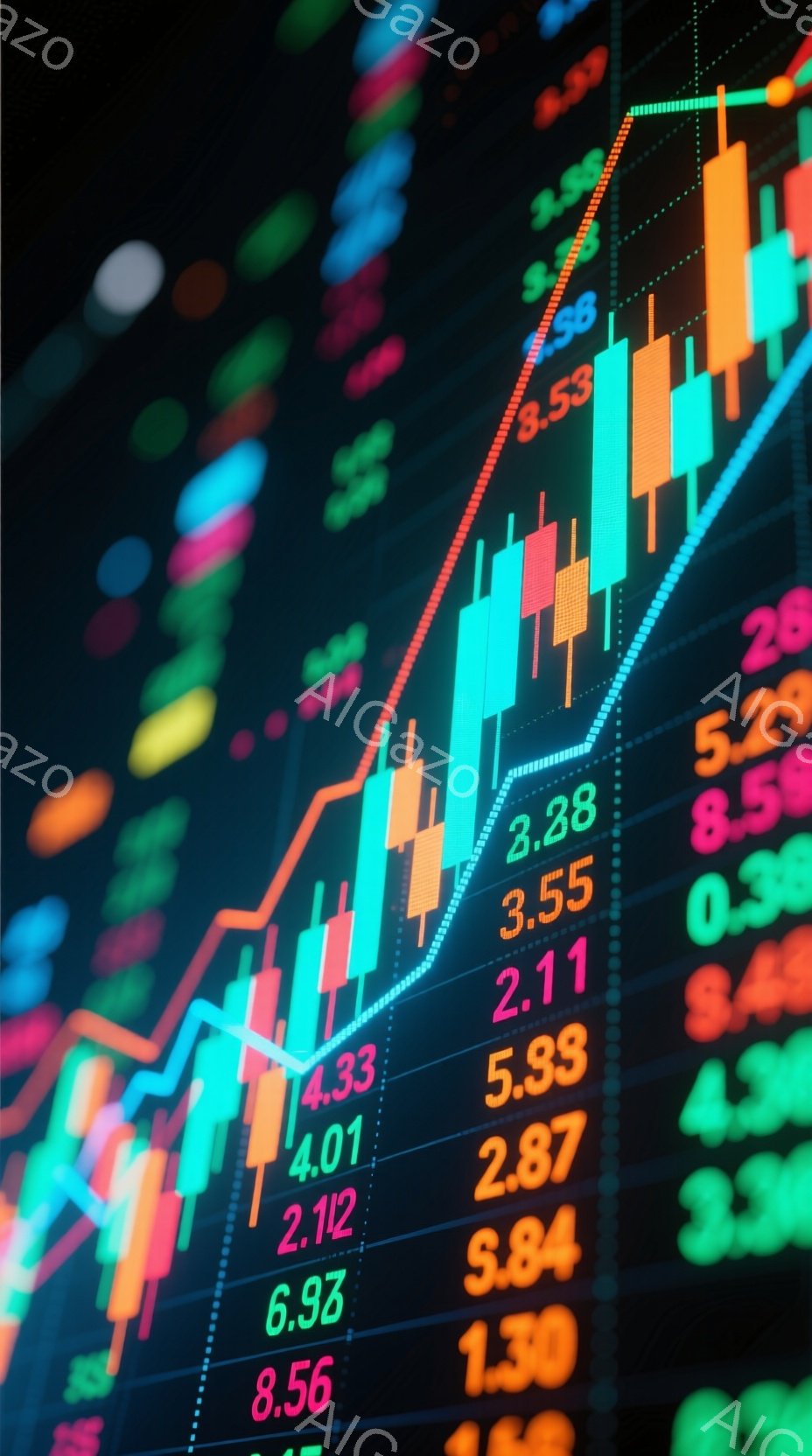鮮やかな色彩のキャンドルスティックチャートが画面全体を覆っており、上昇トレンドを示唆する白い線が重ねられています。チャートの各棒は、様々な色の緑、赤、青で構成され、数値データが並んで表示されています。背景は暗く、全体的に金融市場やデータ分析を連想させる、ダイナミックで活気のある雰囲気です。