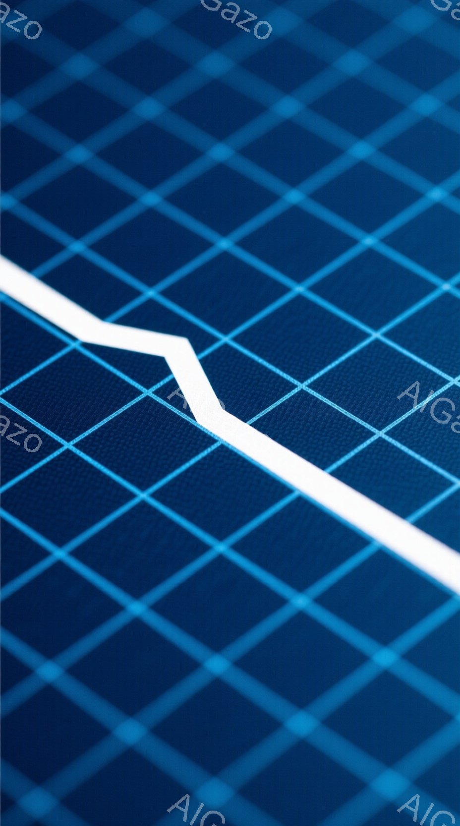 濃い青色の格子状の背景に、白い線が斜めに走っている画像です。線は一部が途切れており、断片化された印象を与えます。全体的にシンプルでミニマルな構成であり、どこか抽象的な雰囲気を醸し出しています。