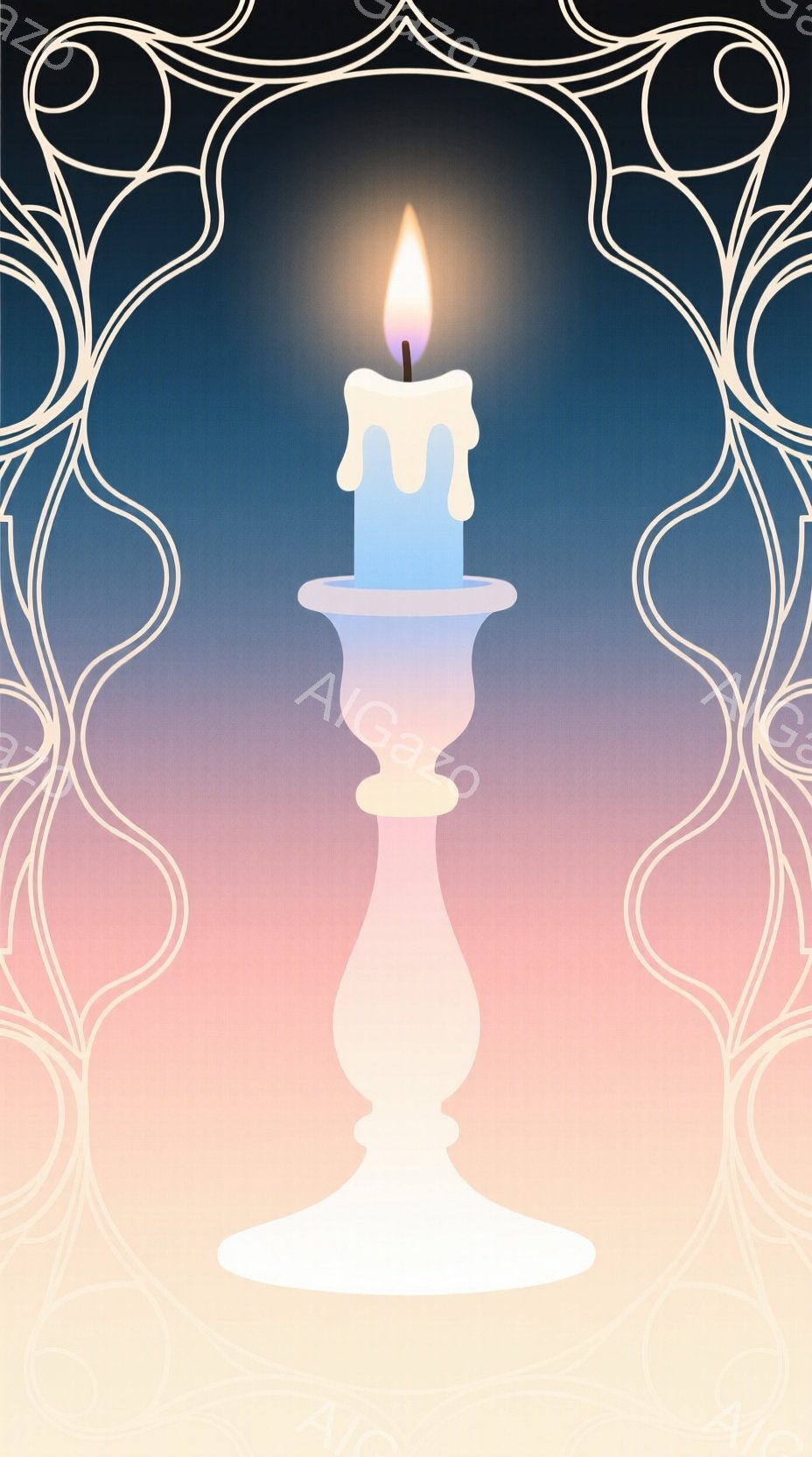 鮮やかなピンクと青のグラデーションが背景に広がり、中央には白く光る燭台と、溶け出したロウが印象的な蝋燭が描かれています。燭台は優雅な曲線を描き、光が柔らかく拡散し、幻想的な雰囲気を醸し出しています。繊細な白い線が背景を飾り、全体的に落ち着いた、神秘的な印象を与えます。