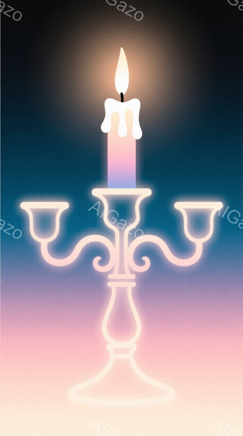 鮮やかなグラデーションを背景に、白く輝く燭台が描かれています。中央にはピンクと白のストライプ模様のロウソクが灯っており、周囲の燭台の腕は空っぽです。全体的に幻想的で、どこかノスタルジックな雰囲気を醸し出しています。