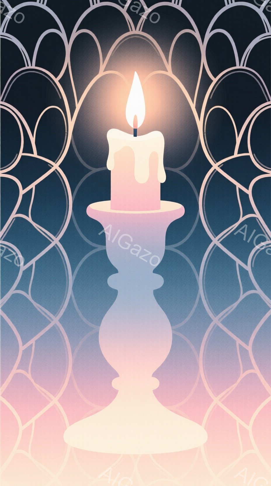 溶けかけたロウソクが、装飾的な燭台の上に置かれている様子が描かれている。背景は、グラデーションのかかった青と紫の模様が施され、穏やかで幻想的な雰囲気を醸し出している。光は柔らかく、全体的に落ち着いた、瞑想的な印象を与える。