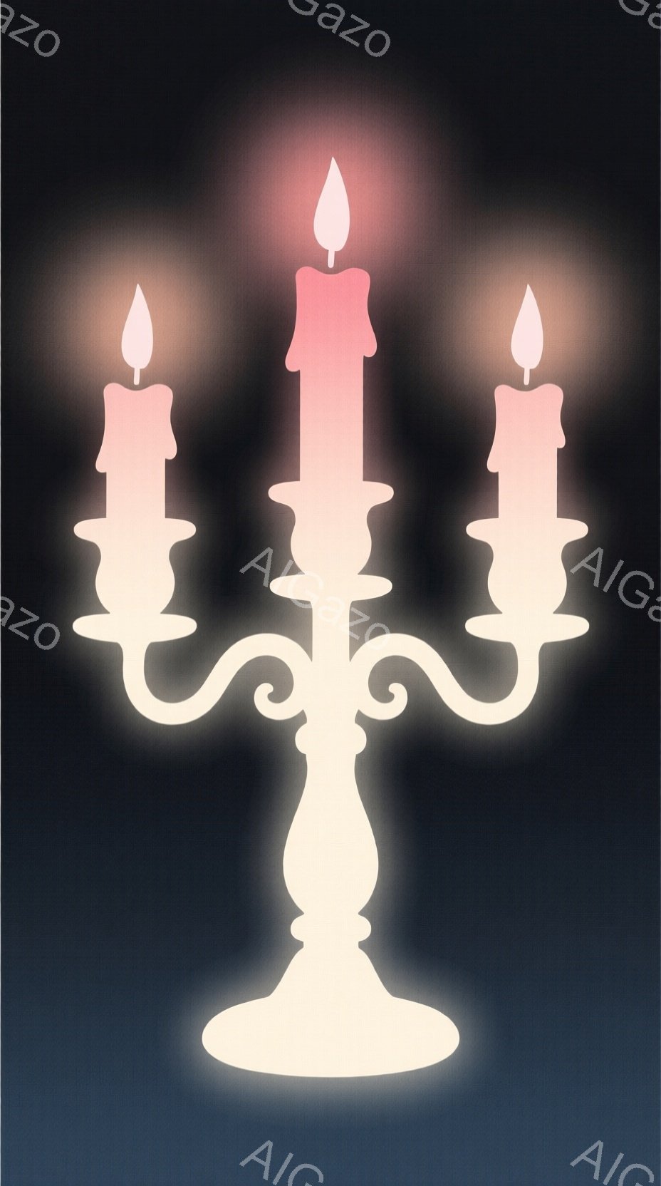 画像には、3本の蝋燭が取り付けられた白っぽい燭台が描かれています。それぞれの蝋燭は上部が赤みがかった色で、炎が灯っており、柔らかい光を放っています。背景は暗いグレーで、全体的に幻想的で静謐な雰囲気を醸し出しています。