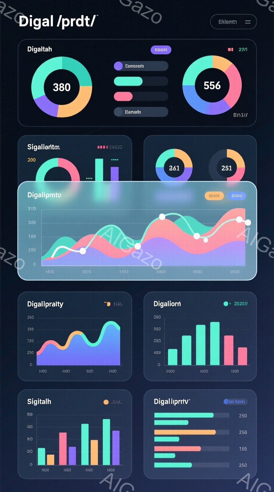 画像は複数の円グラフと棒グラフで構成されています。それぞれのグラフには数値が示されており、明るい色調の緑、ピンク、紫、青が使用されています。背景は白で、全体的にデータ視覚化のデザインを強調するミニマルな構成となっています。