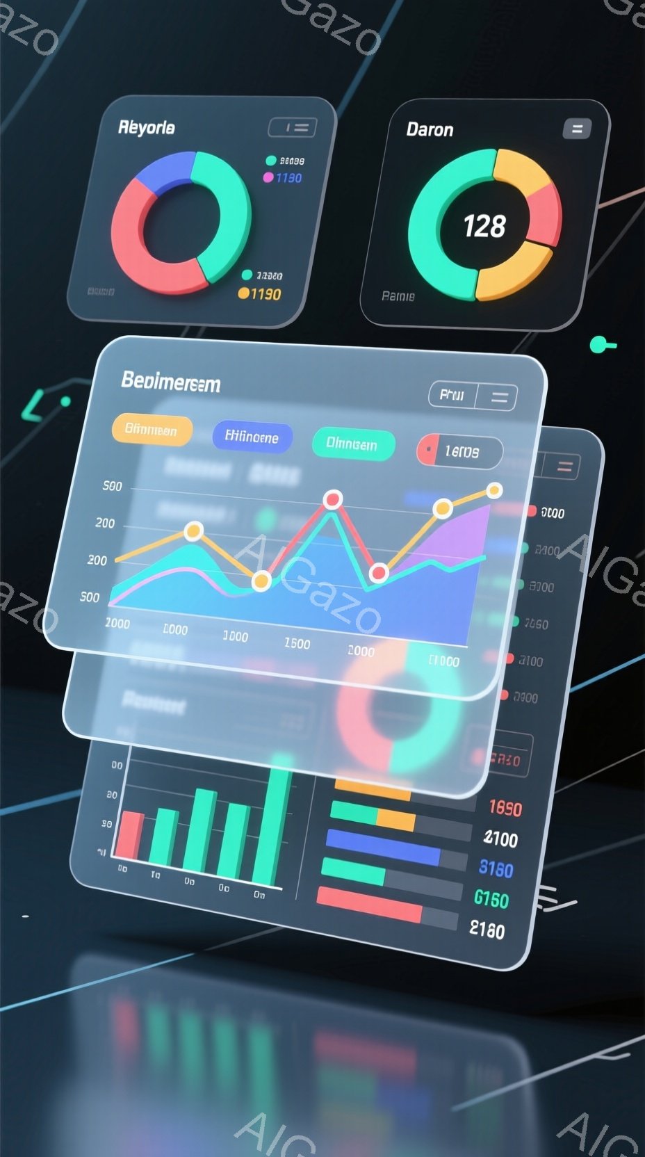 複数の透明なデジタルスクリーンが互いに重なり合って配置されています。各スクリーンには、円グラフ、棒グラフ、折れ線グラフといったさまざまなデータ視覚化が表示されており、数値データとラベルが確認できます。全体的に、データ分析やビジネスインテリジェンスを想起させる、モダンでテクノロジー色の強いイメージです。
