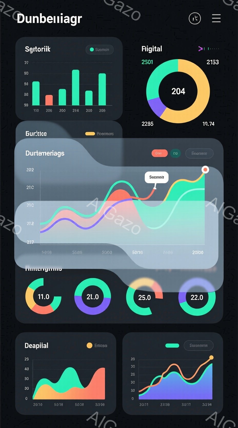 この画像は、さまざまな色のグラフと数値が並んだデジタルインターフェースのスクリーンショットです。グラフは折れ線グラフ、棒グラフ、円グラフなどがあり、数値は2.0から2501まで様々で、データ視覚化を目的としたインターフェースであることがわかります。全体的に青、緑、オレンジ、赤などの鮮やかな色が使用されており、モダンで技術的な雰囲気を醸し出しています。