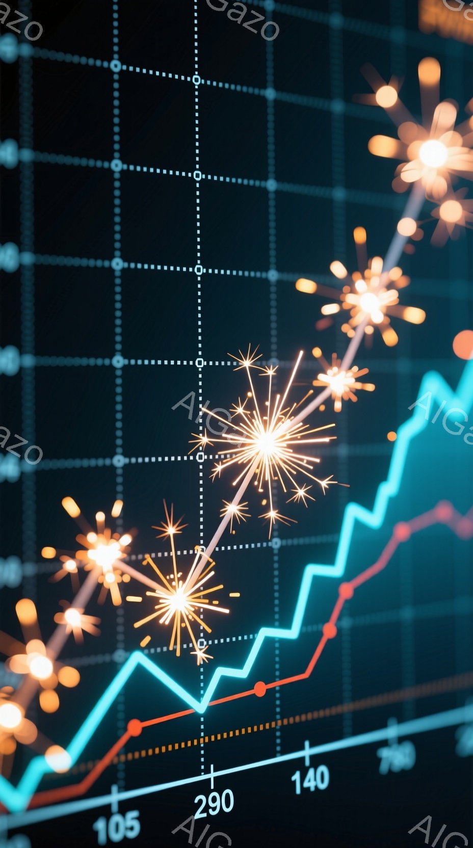 この画像は、青と赤の線グラフが上昇している様子を背景に、金色の花火のような光の粒子が散りばめられています。グラフには105、140、290、790という数値が記されており、背景は深い青色で、全体的に経済的な成功や祝賀的な雰囲気を表現しています。光の粒子はグラフの線に沿って配置されており、成長や進歩を象徴しているように見えます。