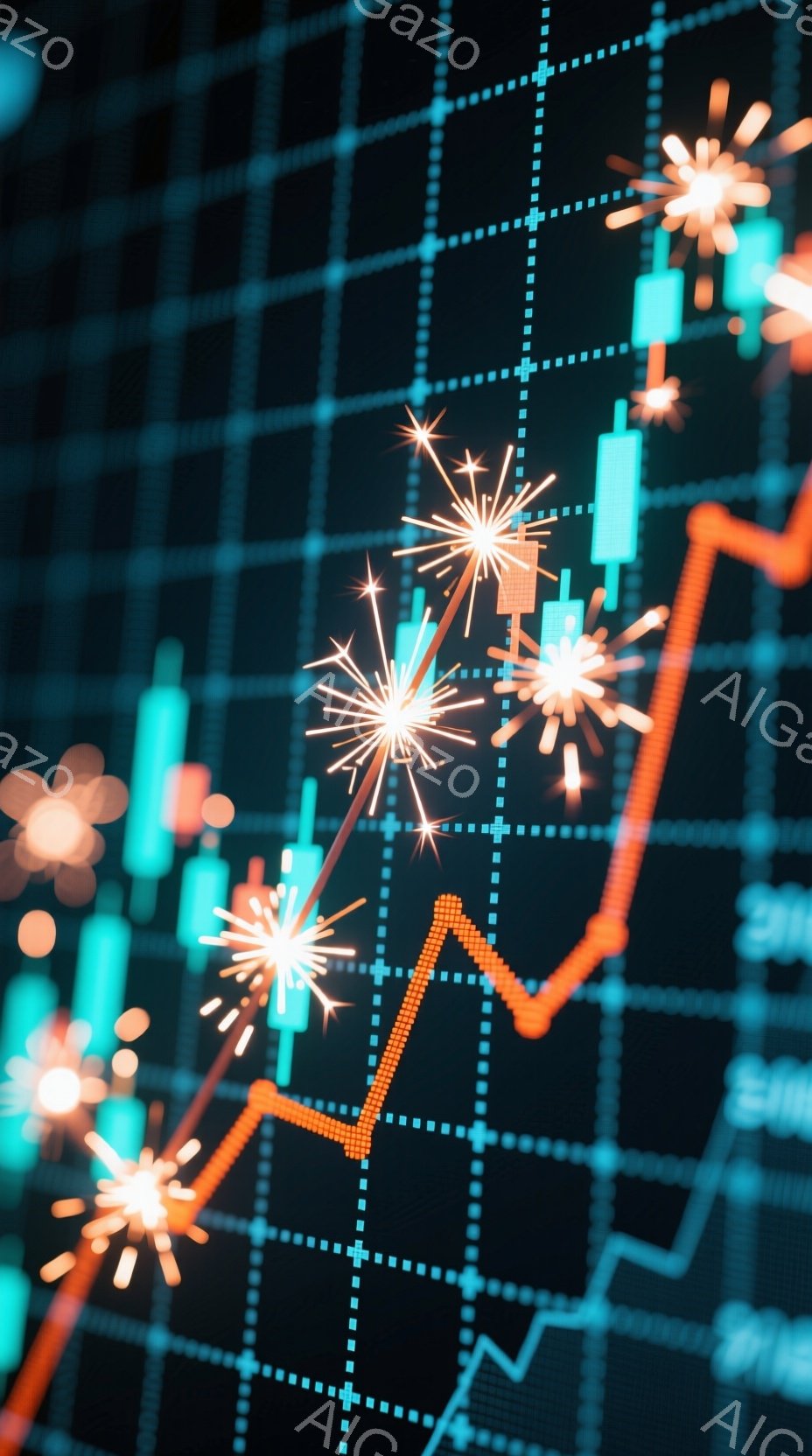 鮮やかなターコイズブルーとオレンジ色の線が格子状の暗い背景に描かれ、金融チャートのような模様を形成しています。オレンジ色の線は上昇傾向を示しており、その上空には花火のような光の粒子が散りばめられています。全体的に活気があり、成功や成長を祝うような、躍動感のある雰囲気です。