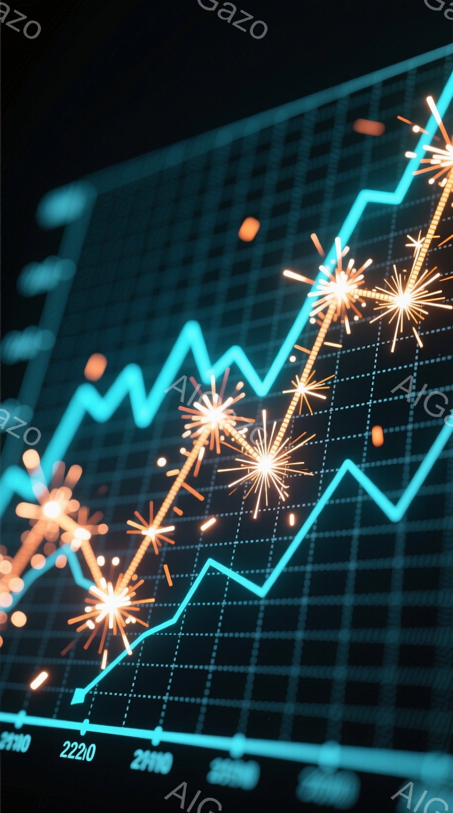 グラフが画面全体に広がっており、明るい青色の線が上下に変動しながら上昇しています。オレンジ色の光の粒子がグラフの線に沿って散らばっており、まるで上昇トレンドを祝福する花火のようです。背景は暗く、グラフの線と光の粒子が際立っており、全体としてポジティブで躍動感のある雰囲気を醸し出しています。