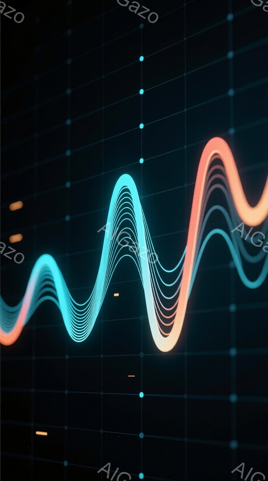 この画像は、暗い背景に波形の光の線が並んだ抽象的な表現です。オレンジとターコイズブルーの線が振動するように重なり合い、未来的なエネルギーやデータの視覚化を連想させます。全体的に、科学的で洗練された雰囲気を持っています。