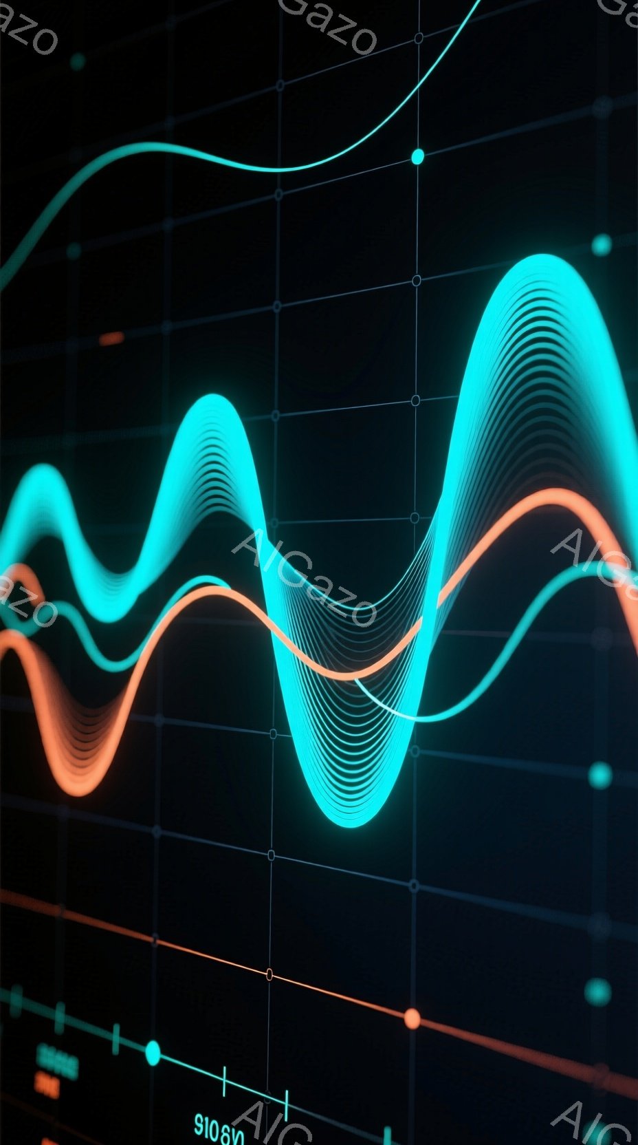 鮮やかなターコイズブルーとオレンジ色の波線が、暗い背景のグリッド上に流れるように描かれています。これらの波線は、まるで音響信号やデータストリームを視覚化したかのようで、エネルギーと動きを感じさせます。 - AI生成フリー素材