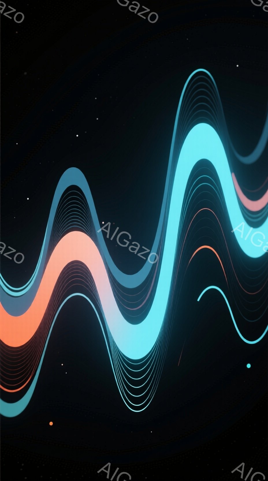 鮮やかなオレンジとターコイズブルーの帯が、黒い背景に波状に並んでいます。帯は光を放ち、奥行きを感じさせるように重なり合っており、まるでエネルギーの流れや音波を視覚化したかのようです。全体的に未来的な雰 - AI生成フリー素材