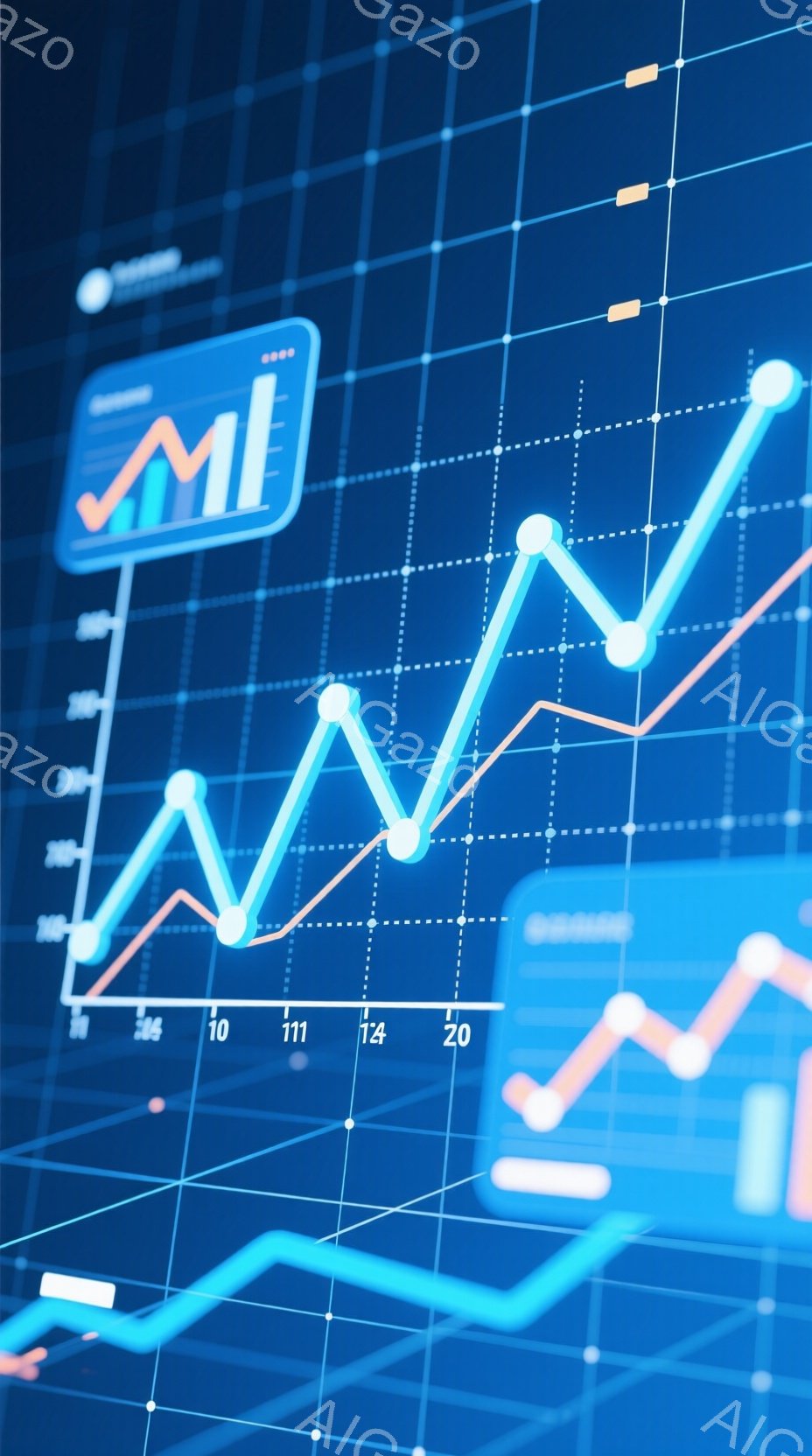 この画像は、青いグリッド背景に重ねられた、複数の上昇および下降を示す線グラフと数値データが特徴です。グラフは鮮やかな青とオレンジ色で表現され、左下に「16」「10」「11」「14」「20」といった数字が示されています。全体的に、金融データや市場分析を示唆する、抽象的で未来的な雰囲気です。